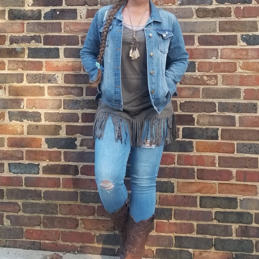 RELISTED Olive micro suede fringe mini dress - Picture 1 of 4